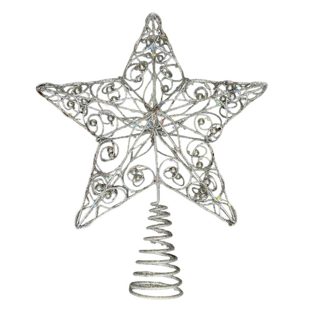 Silver Glitter Filigree Star Christmas Tree Topper Wire Scrollwork Holiday Decor
